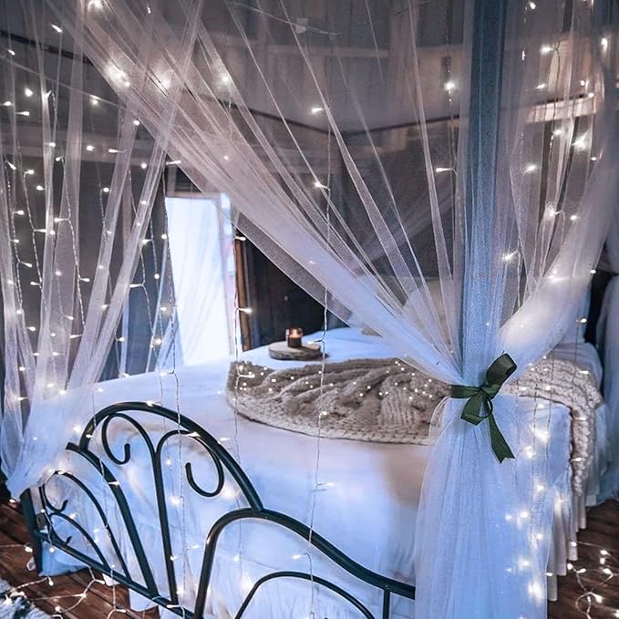 echosari Curtain Lights Battery Operated, 9.8Ft x 9.8ft 300 LED Curtain String Light with Remote Timer 8 Modes Hanging Lights for Wedding Party Home Garden Wall Decor (Cool White)