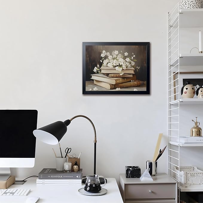 Wood Framed Canvas Poster Print Wall Art, Vintage Floral Book Wall Decor Oil Painting, Dark Academia Room Aesthetics Picture for Bathroom Classroom Dormitory room Decor 12x16 inch