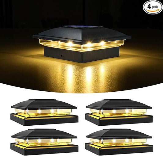 VOLISUN Solar Post Cap Light Outdoor Waterproof 4pack,Solar Fence - Post Lights for 4x4 5x5 6x6 Wooden/Vinyl Post,Black Deck Post Cap Light Solar Powered with Warm White for Garden/Patio/Porch