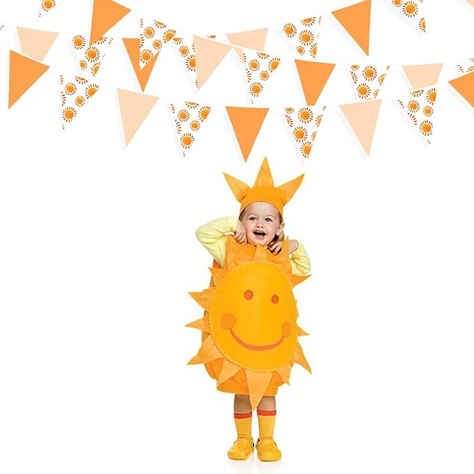32Ft Sunshine Party Decorations Orange Yellow Triangle Flag Fabric Banner Pennant Garland Bunting Streamer for Boho Sun Birthday First Trip Around The Sun Groovy Retro Hippie Party Decor Supplies