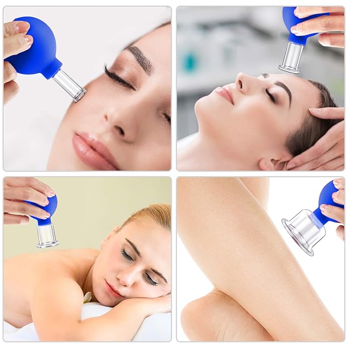 4 Size Facial Cupping Therapy Set Glass, Eye Face Vacuum Massage Anti Cellulite Cup - Silicone Cupping Massage Therapy, for Beauty Body Cup Fascia Massager(Softcover-Blue)