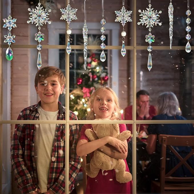 32pcs Christmas Decoration Crystal Ornaments - Iridescent Christmas Tree Ornaments Acrylic Snowflakes Drop Icicle Pendants Hanging Ornaments for Xmas Tree Winter Holiday Frozen Party Decorations