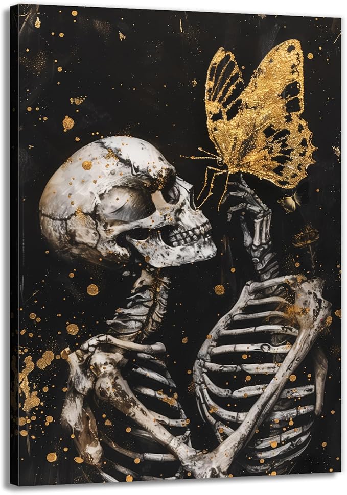 OAAPITI Skull Wall Art Skull and Gold Butterfly Canvas Print Abstract Modern Gothic Artwork for Bedroom Dark Art Decor(Artwork-7,12"x18")