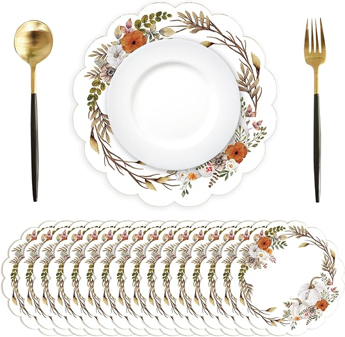 50Pcs Fall Flower Oval Paper Placemats,13.4 Inch Watercolor Pumpkin Leaves Round Table Mats Fall Thanksgiving Scalloped Disposable Placemats for Autumn Thanksgiving Birthday Party Supplies