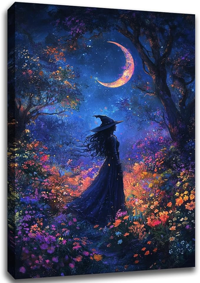 Vintage Halloween Witch Decor Mystic Gothic Wall Art Poster,Enchanting Witch Fall Whimsical Wildflowers Woodland Forest Crescent Moon Picture Art,Creepy Witchy Home Decor,16"x24" Framed
