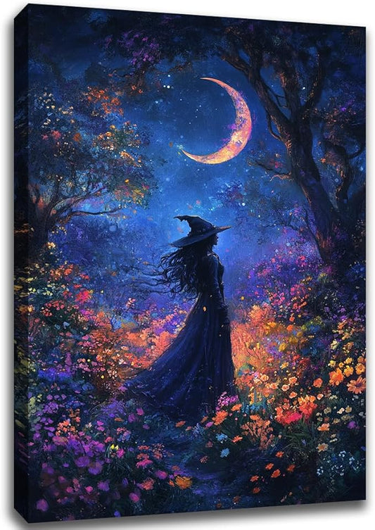 Vintage Halloween Witch Decor Mystic Gothic Wall Art Poster,Enchanting Witch Fall Whimsical Wildflowers Woodland Forest Crescent Moon Picture Art,Creepy Witchy Home Decor,20"x30" Framed