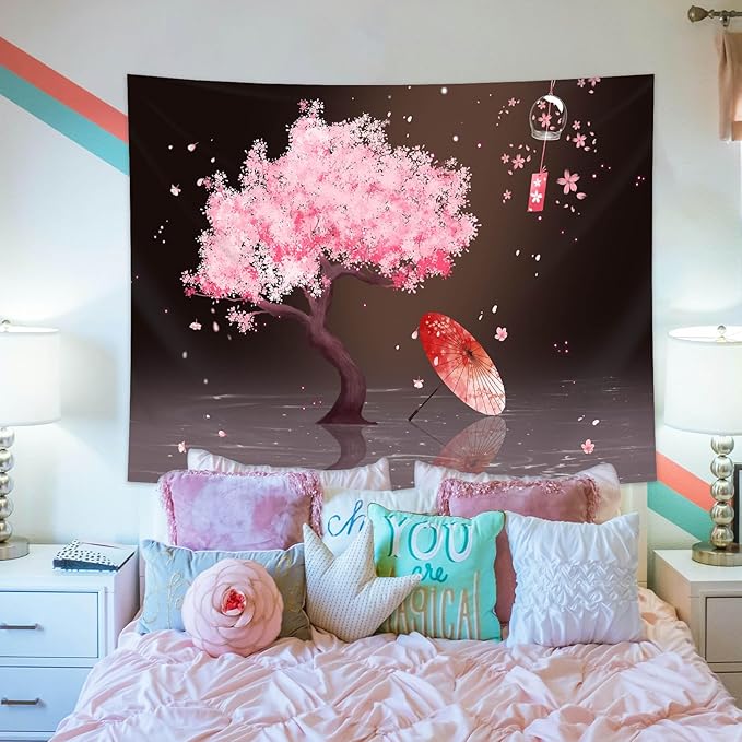 dueeia Japanese Cherry Blossom Tapestry Wall Hanging Anime Tree Asain Spring Tapestries for Bedroom Aesthetic Living Room Dorm Wall Decor (59.1"x39.4")