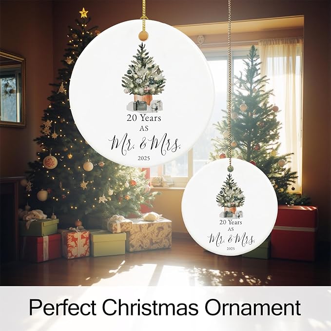 20th Anniversary Ornament Gifts for Couple, 20th Wedding Anniversary for 20 Year as Mr and Mrs Gifts, Ceramic Keepsake 20 Year Anniversary Christmas Ornaments with Ribbon and Box