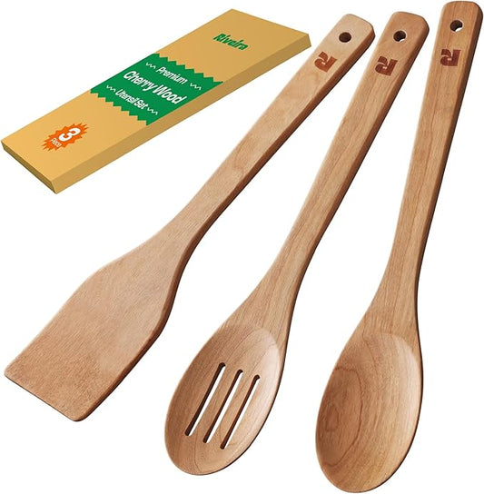 Riveira Cherry Wooden Spoons for Cooking Set of 3 – Natural Cherry Wooden Cooking Utensils, Wooden Spatula, Wooden Spoon - Premium Quality Wooden Utensil Set for Non-Toxic Cooking