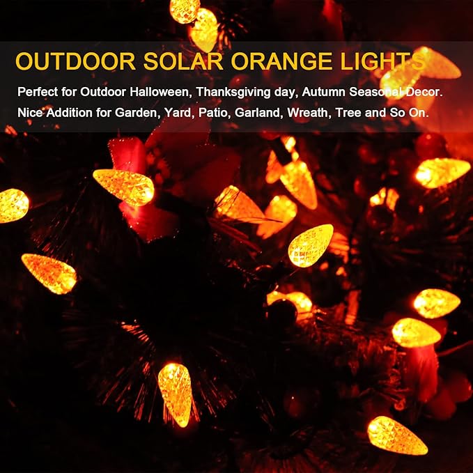 HUGSVIK 21Ft 50LED C6 Orange Lights for Halloween, 8 Mode Solar Halloween Lights Outdoor, Waterproof Solar Christmas Decorations for Halloween Thanksgiving Holiday Christmas Decor