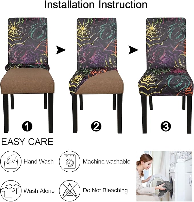 JQinHome Spider Halloween Chair Slipcover,Web Black Chair Covers Set of 4, High Stretch Washable Chair Protector Cover for Dining Room, Kitchen,Home Party,Wedding Ceremony(Spider,4PC)