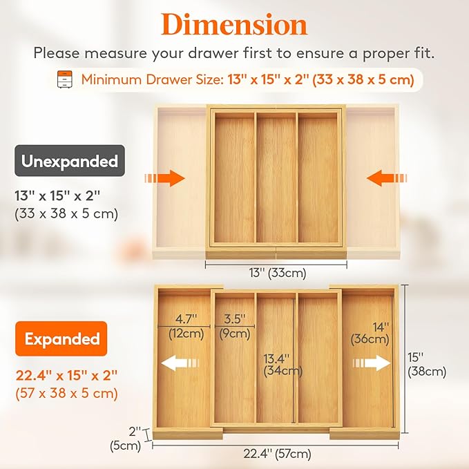 Lifewit Utensil Organizer for Kitchen Drawer, Expandable Cooking Utensil Tray, Bamboo Cutlery Silverware Flatware Holder, Adjustable Spatula Tools and Gadgets Storage Divider, Large, Natural