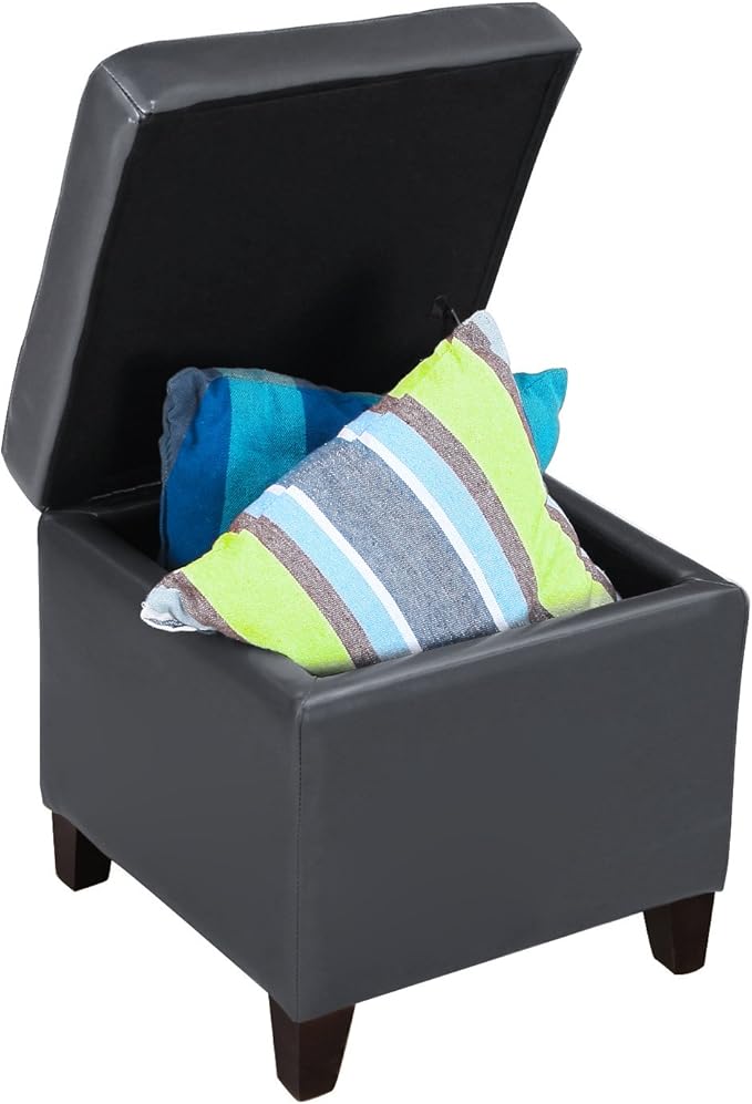 Adeco Bonded Leather Square Tufted Cubic Cube Storage Footstool, 18" Inch Ottomans & Storage Ottomans, With Lid, Dim Gray