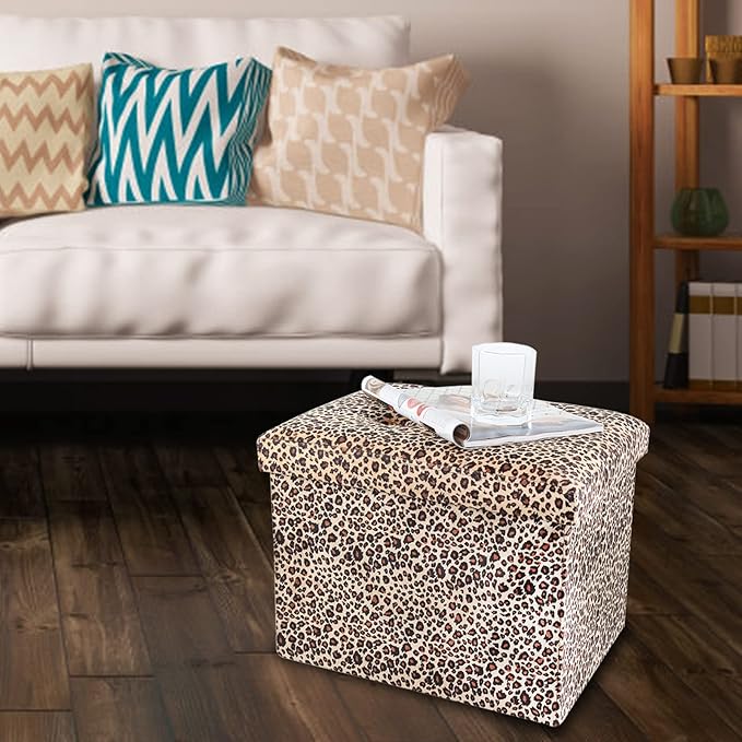 ALASDO Ottoman Storage Ottoman Footrest Stool Small Ottoman with Storage Foldable Ottoman Foot Rest Footstool Bench for Living Room 17x13x13inches Leopard Print