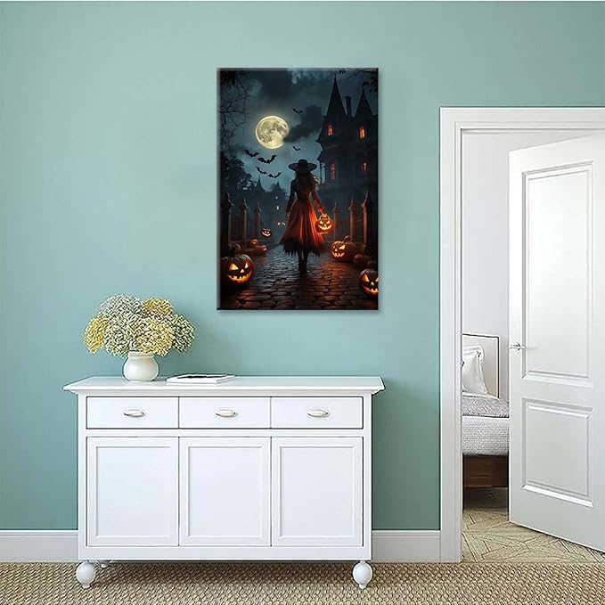 Halloween theme poster moonlit autumn night witch vintage poster art print dark college style gothic painting canvas wall decoration bedroom living room ideal gift20x30in Wood Framed