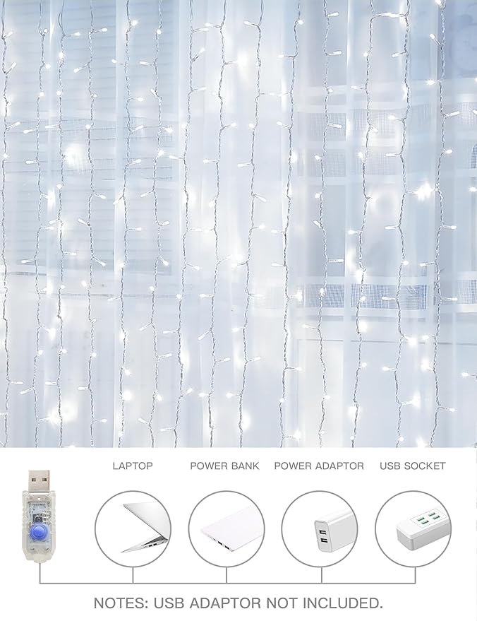 suddus White Curtain Lights for Bedroom Wall, 200 Led Twinkle Lights with Remote 8 Modes Timer, USB Plug-in String Lights for Wedding, Party, Backdrop, Birthday, Window Decorations, (6.5ft*6.5ft)