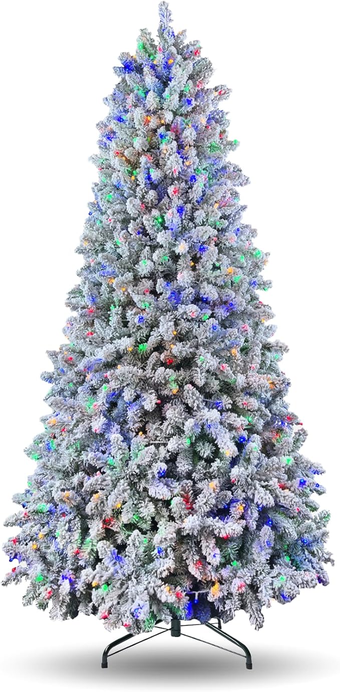 7.5ft Pre-lit Artificial Snow Flocked Christmas Tree with Quick Power Connect, 798 Warm White & Multi-Color LED Lights, and 1869 Branch Tips – Easy 3-Minute Setup Pencil Xmas Tree