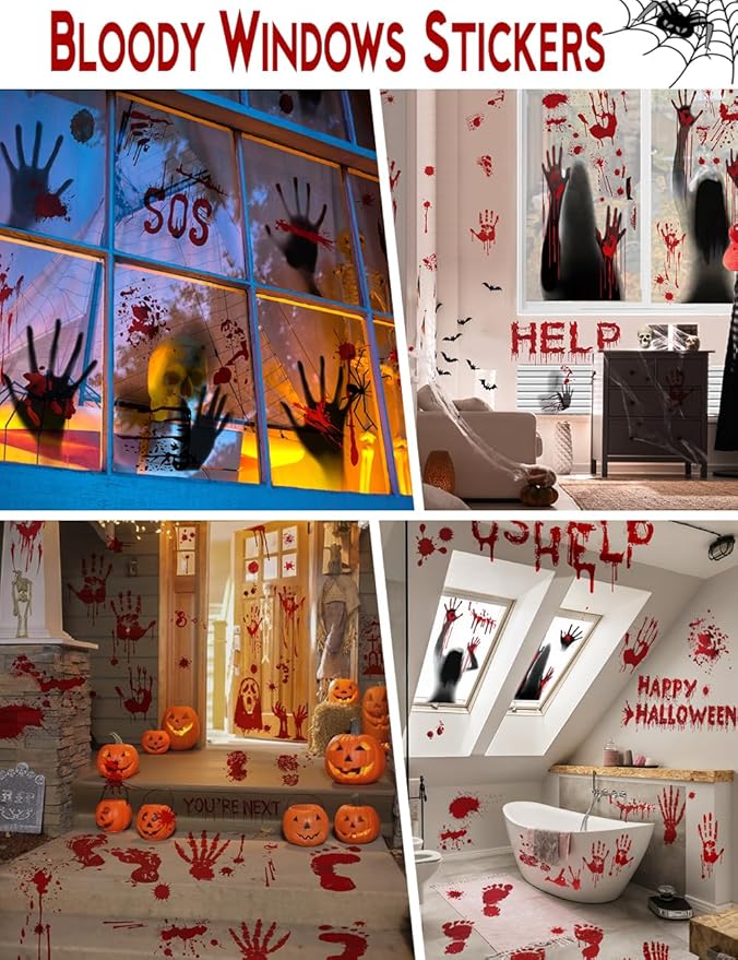 Wohohoho 11 Sheets/202 Pcs Bloody Halloween Decorations Set. 2 Giant Spooky Door Cover, 6 Sheets Horror Window Clings, 3 Sheets Scary Floor Stickers, Halloween Party Wall Decal Bedroom Inside Decor