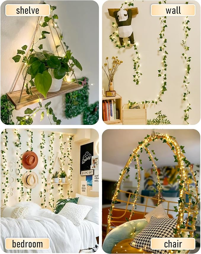 JMEXSUSS 100 LED Vines with Lights Plug in, Ivy Vines with Fairy Lights with Remote, 33 FT Leaf String Lights Waterproof for Room Bedroom Wall Fireplace Decoration（Warm White）