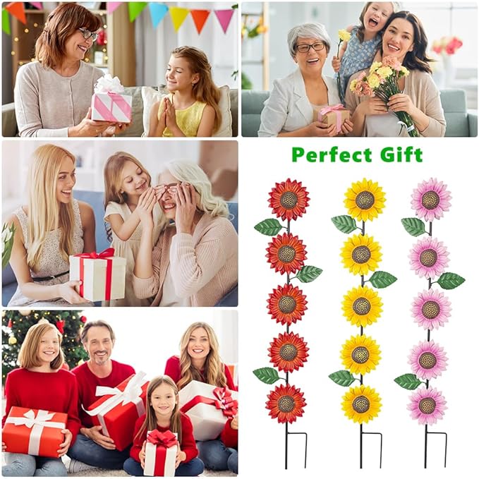 3 Pack Sunflowers Garden Stakes Decor,Metal Yard Art Decorative Garden Stakes,Metal Flowers Spring Garden Decor for Outside,Landscape,Patio(22.6 * 4.7IN)