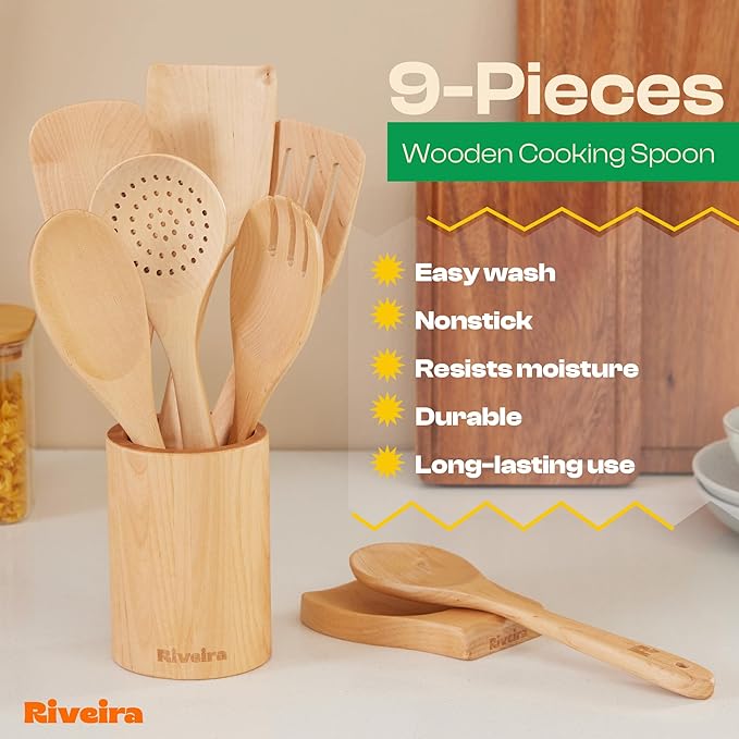 Riveira Maple Wooden Spoons for Cooking Set of 9 – Natural Maple Wooden Cooking Utensils, Wooden Spatula, Wooden Spoon - Premium Quality Wooden Utensil Set for Non-Toxic Cooking
