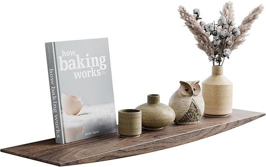 24’’ Black Walnut Floating Shelves - 6 Inch Deep Solid Wood Floating Shelf for Wall, Rustic Zen TV Shelf Wall Mounted, Live Edge Shelf with Invisible Brackets for Living Room, Bedroom, Kitchen.