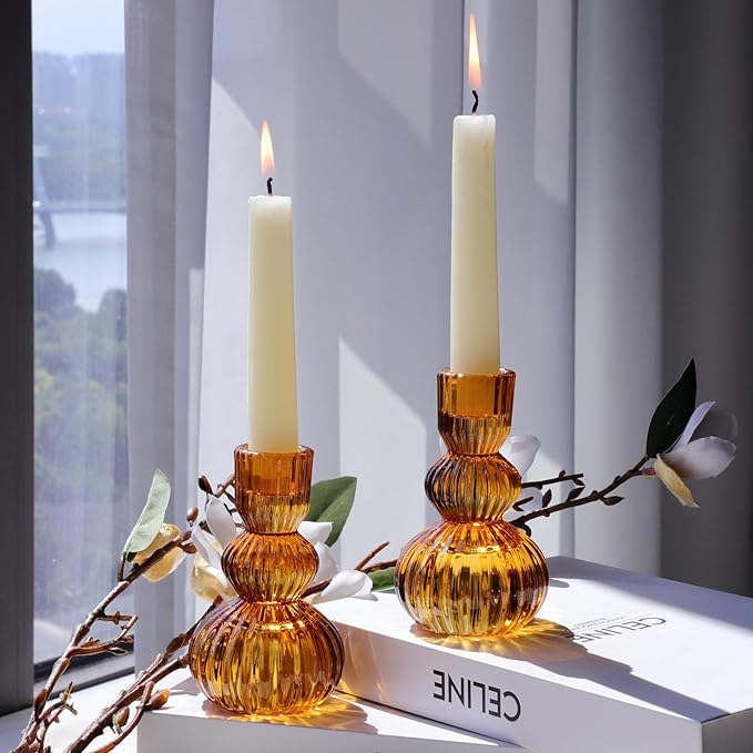 Woho Amber Taper Candle Holders 4.3" H for Halloween/Thanksgiving Decorations, Set of 3 Ribbed Glass Candlestick Holders Vintage for Fall Wedding, Boho Candle Sticks Holder Decor for Dining Table