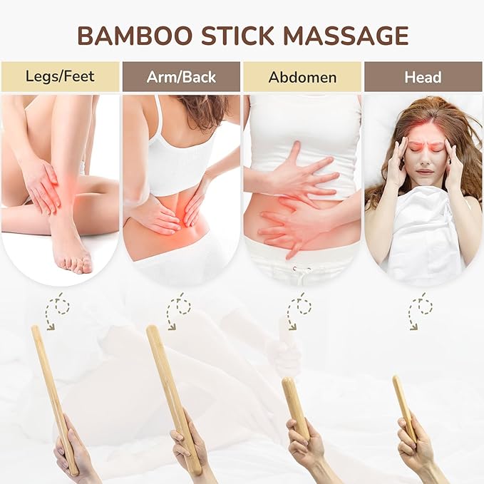 4PCS Solid Bamboo Massage Sticks & Guasha Set with Roller/Stick - 100% Bamboo Therapy Tools for Neck/Arm/Back/Legs/Full Body, Deep Tissue Massage, Muscle Relaxation, Body Shaping, Fatigue Relief