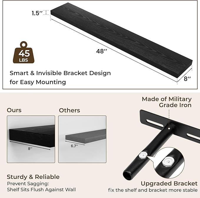 RICHFOCUS 48Inch Floating Shelves for Wall 1 Pack Shelves for Bedroom|Kitchen|Bathroom Wall Mounted Rustic Wood Floating Shelf with Invisible Brackets for Books|Storage|Decor, Black