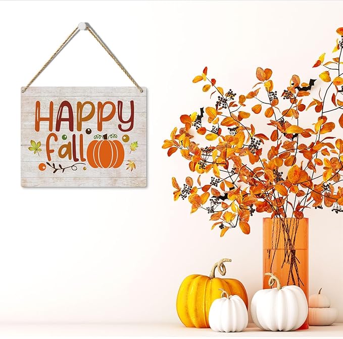 MIGUMUTU Rustic Farmhouse Fall Signs Door Wall Hanging Decor, Fall Room Home Decor, Pumpkin Decor Fall Decoration for Home, Happy Fall Sign Wall Decor for Home Office 12 X 12 Inch