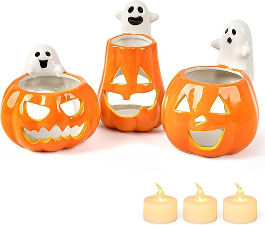 AELS Halloween Pumpkin Tealight Holders – Set of 3 Ceramic Jack O' Lantern Candle Holders with Ghosts, Spooky Sculptures Ghost Figurines, Indoor Tabletop Decorations for Holiday Party Home