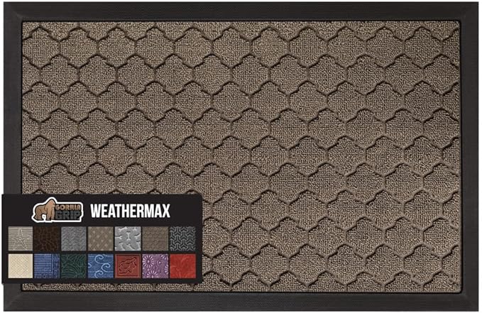 GORILLA GRIP 100% Waterproof All-Season WeatherMax Doormat, 60x24, US Designed Natural Rubber, Stain and Fade Resistant, Low Profile Indoor Outdoor Door Mats, Easy Clean Patio Mat, Latte Quatrefoil