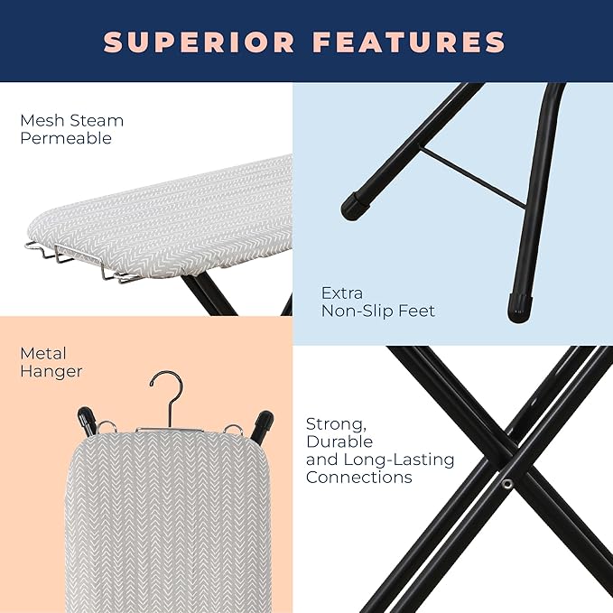 Ironing Board with Iron Rest, Iron Board with 3 Layers Extra Thick Cover, Compact and Space Saver Foldable Ironing Board, Adjustable Height, Easy Storage with Smart Hanger and Lightweight Design