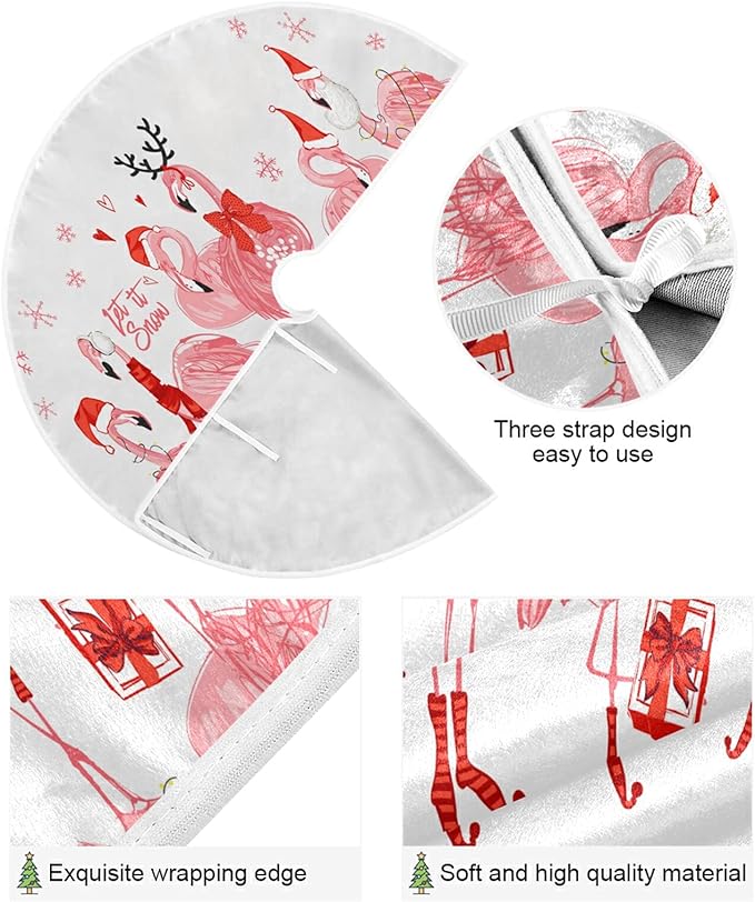 Christmas Pink Flamingo Snowflake Tree Skirt, Seasonal Tree Mat Holiday Party Supplies Ornaments Indoor Outdoor Decorations for Tabletop Trees 47.2 Inches