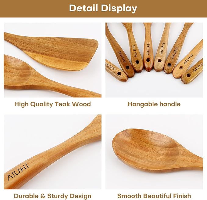 AIUHI Wood Spoons for Cooking, Nonstick Kitchen Utensil Set, Wooden Spoons Cooking Utensil Set Non Scratch Natural Teak Wooden Utensils for Cooking (Teak 8 Pack)
