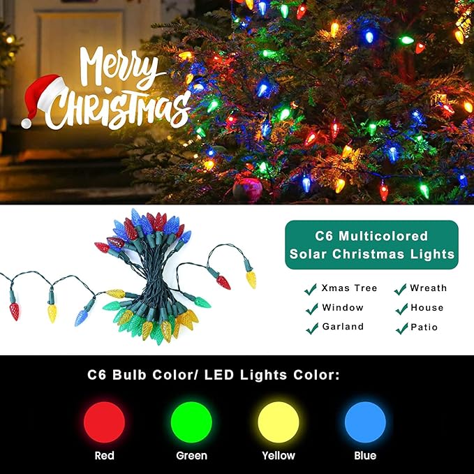 HUGSVIK C6 Solar Christmas Lights Outdoor Waterproof, 21Ft 50LED Strawberry Colored, 8 Modes Solar Powered for Tree Wreath Garland Garden Patio