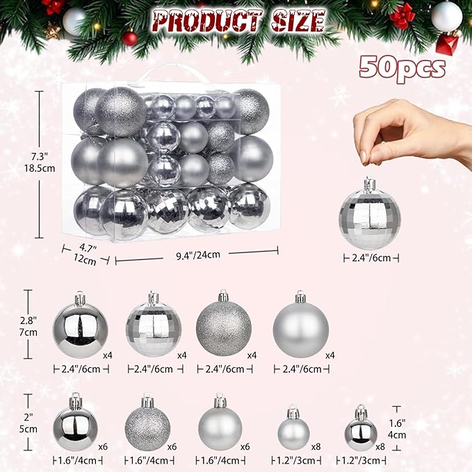 50pcs Silver Christmas Ball Ornaments Silver Large Shatterproof Christmas Tree Decorations Xmas Tree Ornaments Balls with Hanging Loop for Xmas Wedding Holiday Party Wreath Home Decor