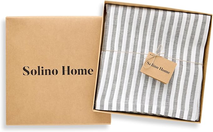 Solino Home Linen Tablecloth 60 x 120 Inch - Amalfi Stripe 100% Pure Linen Grey and White Table Cloth for Rectangle Tables - Machine Washable Fabric Tablecloth for Fall, Autumn