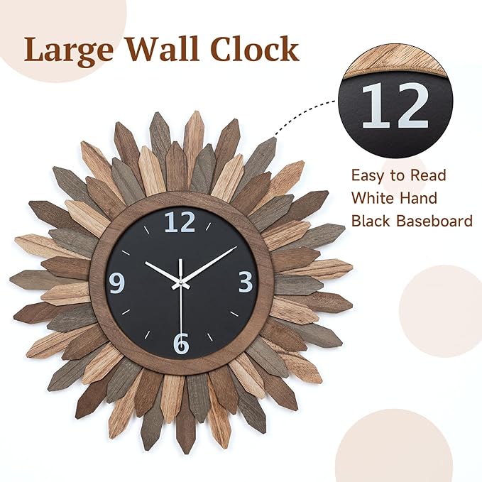 Honiway 16 Inch Wall Clocks, Rustic Wood Boho Sunburst Decorative Wall Clock Battery Operated Silent Non Ticking Farmhouse Large Wall Clocks for Living Room Kitchen Bedroom Home Decor (Tricolor)