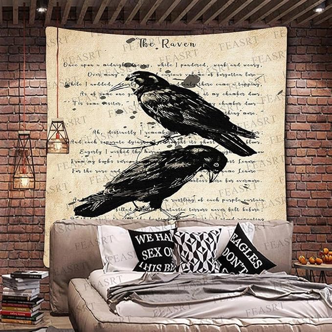 Raven Poem Wall Hanging 51x60 Inches - Crow Tapestry for Living Room, Bedroom, Home, Dorm, Office Decor