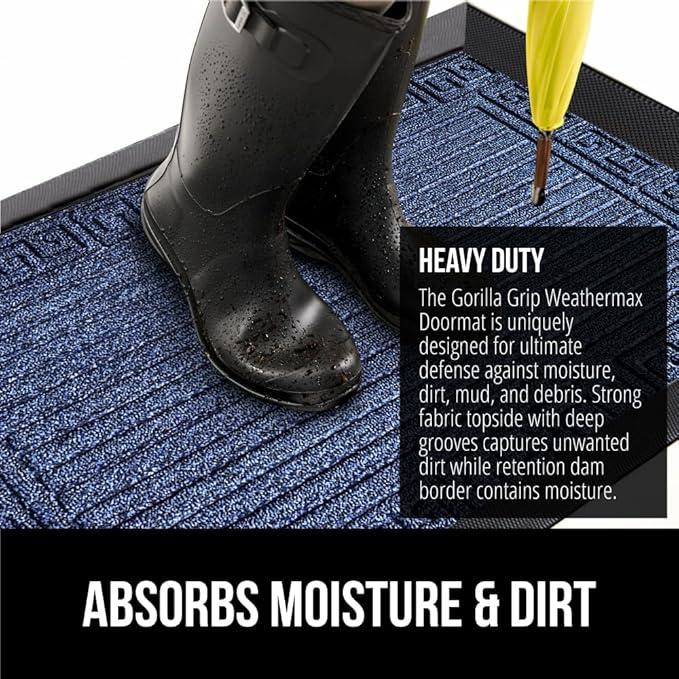 GORILLA GRIP 100% Waterproof All-Season WeatherMax Doormat 35x23, US Designed Natural Rubber, Stain and Fade Resistant, Low Profile Indoor Outdoor Door Mats, Easy Clean Patio Mat, Navy Greek Keys