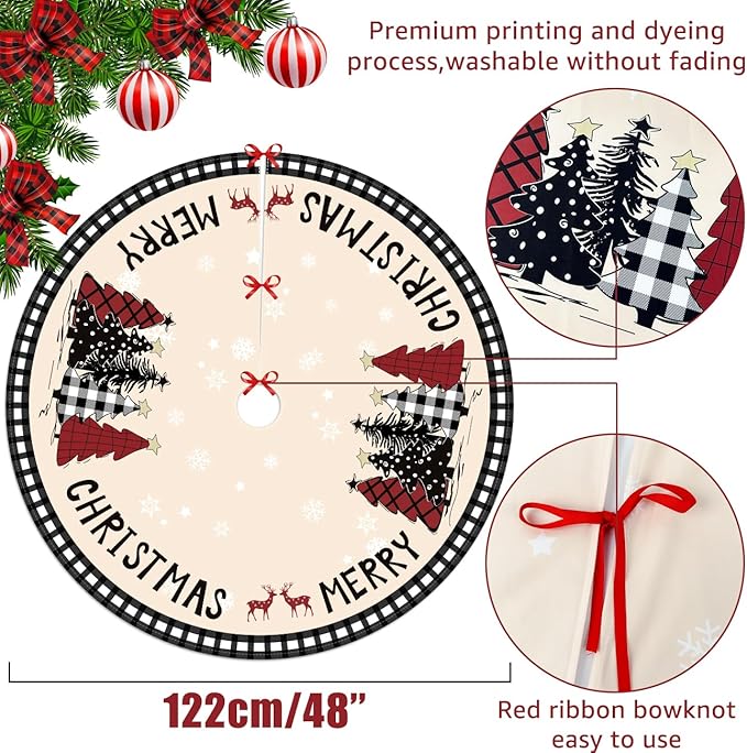 Christmas Tree Skirt 48 Inches Black White Buffalo Plaid Xmas Tree Skirt with Snowflake Merry Christmas Tree Skirts Christmas Tree Decorations for Christmas Holiday Home Decor Indoor Outdoor