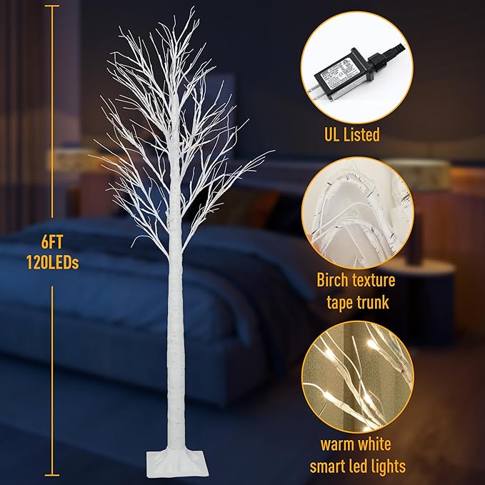 Smart Lighted Birch Twig Tree with Fairy Lights, APP Conrol, 6FT 120 Warm White LEDs, 18 Modes, Dimmable, Schedule, Music Sync Waterproof for Indoor Outdoor Home Christmas Holiday Decorations