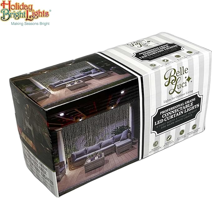 Belle Luci 608-Bulb Warm White Connectable LED Curtain Lights Outdoor Porch Decor 4'X7'