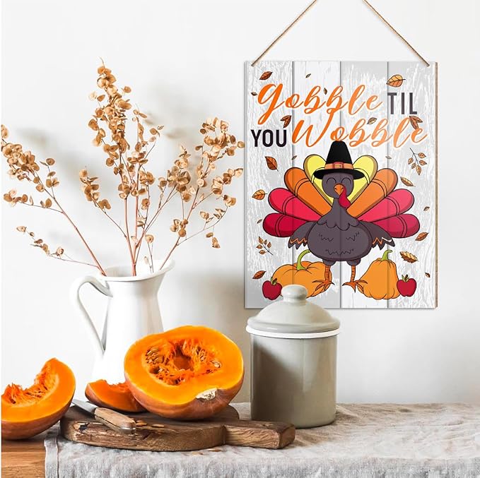 UDNADKEX Thanksgiving Decorations Hanging Sign, Autumn Fall Decor Farmhouse Turkey Pumpkin Wooden Wall Sign Thanksgiving Decorations, Gobble Til You Wobble