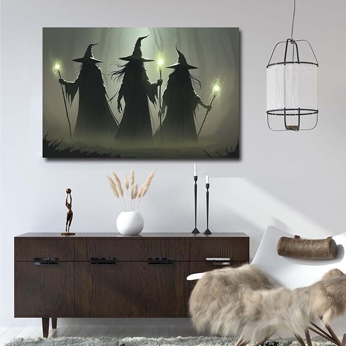 JFHCQJPK Vintage 3 witches canvas wall decor melancholy dark Halloween poster wall decor holding a staff print Gothic horror Halloween painting print for living room bedroom8x12in Frameless