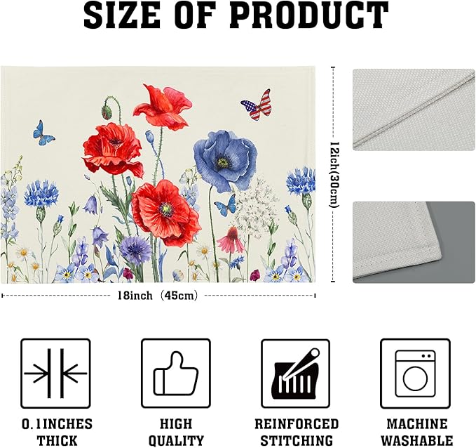 4th of July Placemats Set of 4 Red Blue Floral Patriotic Washable Non-Slip Heat Resistant Place Mats America Memorial Day Independence Day Table Mats 12x18 Inch