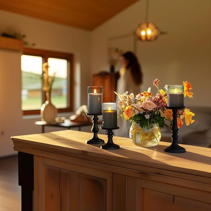 Amagic Grey Flameless Candles with Remote, Battery Operated Candles with Timer, Ribbed Glass LED Pillar Candles with Flickering Flame for Spooky Halloween Party Decor, Real Wax, Set of 3