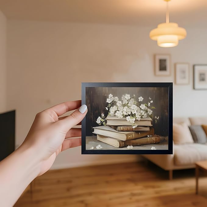 Wood Framed Canvas Poster Print Wall Art, Vintage Floral Book Wall Decor Oil Painting, Dark Academia Room Aesthetics Picture for Bathroom Classroom Dormitory room Decor 8x10 inch