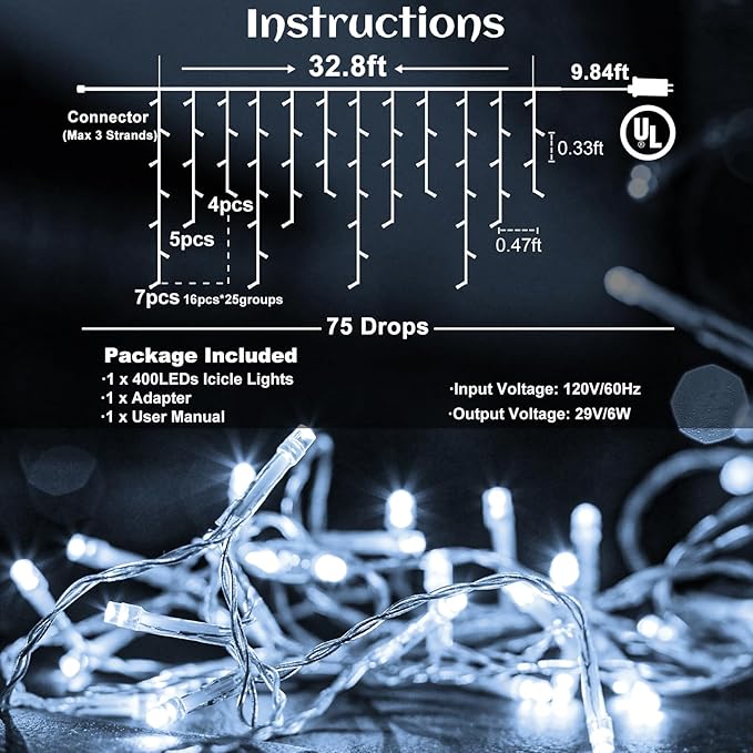 Icicle lights Outdoor - 33ft Christmas Lights with 400LED 75 Drops 8 Modes, Plug in Curtain String Lights Waterproof for Holiday Wedding Party Home Garden Bedroom Indoor Outdoor Decoration, Cool White